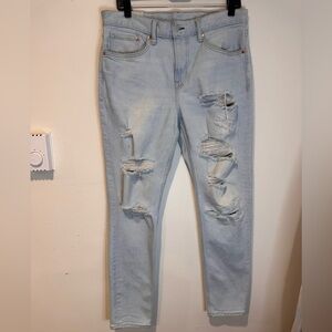 H&M Mens Light Blue Distressed Slim Tapered Jeans Size 32/32 Gently Used